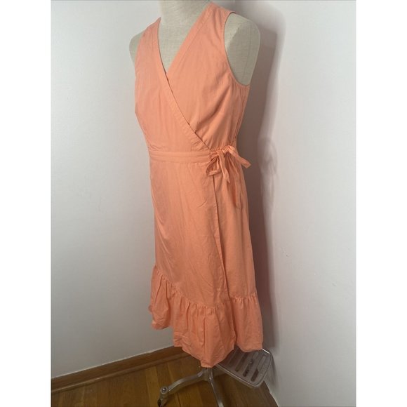 Talbots Cotton Wrap Dress Sz 10 Sleeveless Ruffle Tie Midi Coral Pink - Picture 4 of 11